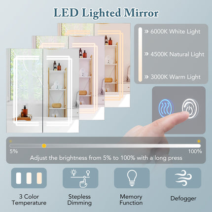 2 Doors Bathroom Mirror Medicine Wall Cabinet with Lights