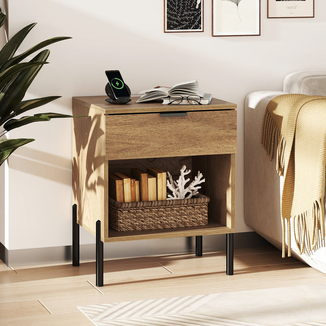 Modern Nightstand with Charging Station-Natural