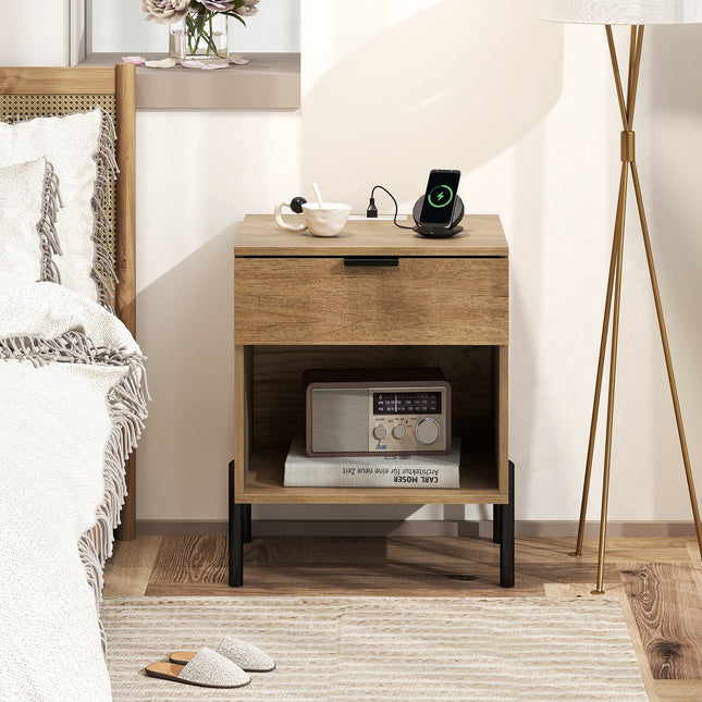 Modern Nightstand with Charging Station-Natural