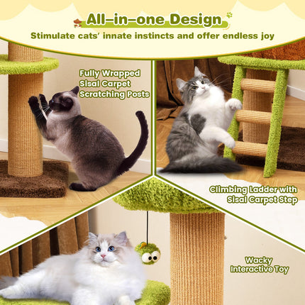 Cute Cat Tree for Indoor Cats with Mushroom-shaped Nest Condo and Climbing Ladder-Green