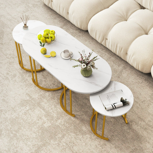 Nesting Coffee Table Set of 3 with Faux Marble Tabletop and Powder-coated Gold Metal Frame-White