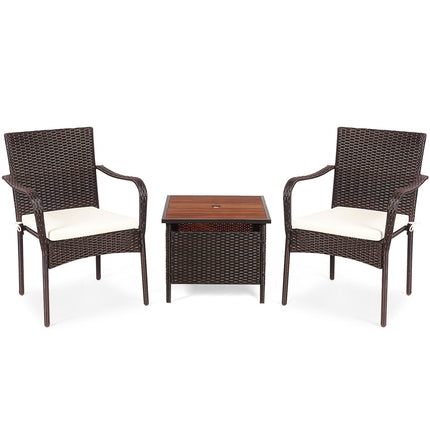 3 Pieces Patio Rattan Furniture Bistro Set with Wood Side Table and Stackable Chair