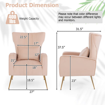 Velvet Upholstered Wingback Chair with Lumbar Pillow and Golden Metal Legs