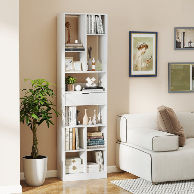 7-tier Bookshelf with Drawer 180cm Floor Standing Display Rack Storage Shelf-White