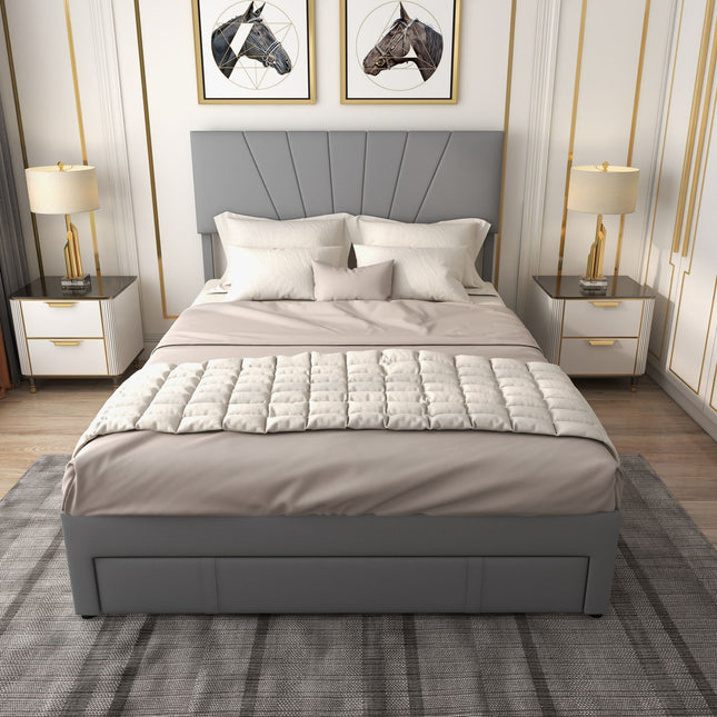 Full/Queen Size Upholstered Bed Frame with Drawer and Adjustable Headboard