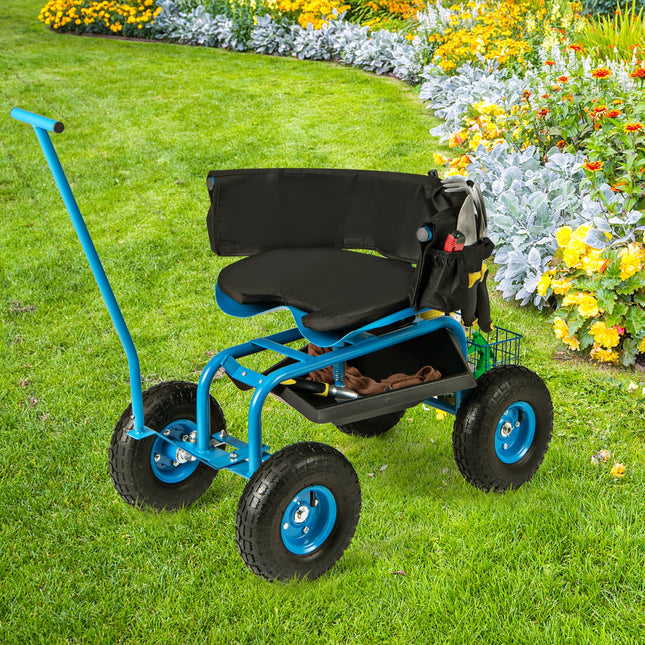 Rolling Garden Cart with Height Adjustable Swivel Seat and Storage Basket