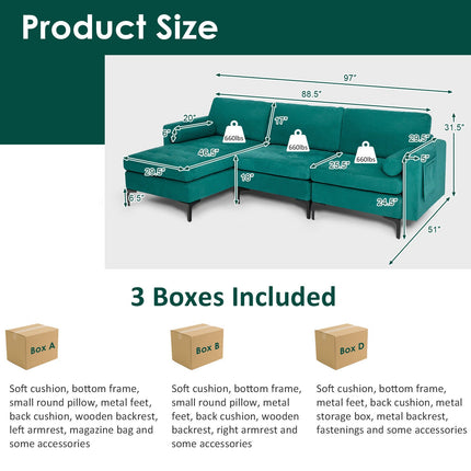 3-Seat L-Shaped Sectional Sofa with USB Ports & Storage