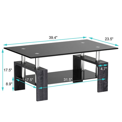 Rectangular Tempered Glass Coffee Table with Shelf