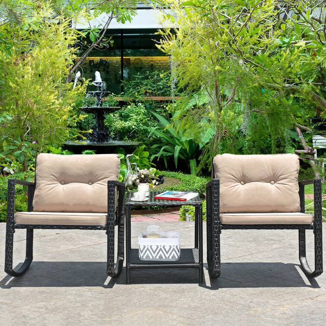 3 Pieces Cushioned Patio Rattan Set with Rocking Chair and Table-Black