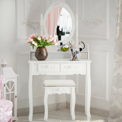 Wood Vanity Table Set with Oval Mirror and 4 Drawers for Kids Girls Women-White
