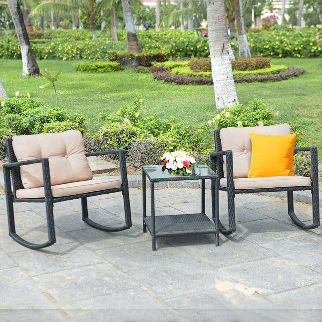 3 Pieces Cushioned Patio Rattan Set with Rocking Chair and Table-Black