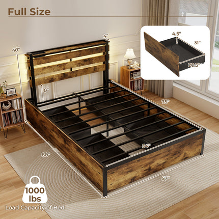 Full/Queen/Twin Size Bed Frame with Drawers LED Lights and USB Ports