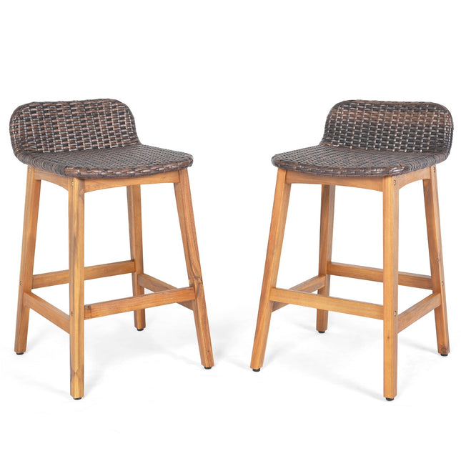 Solid Acacia Wood Bar Stools Set of 2 with Backrests and Footrests for Porch