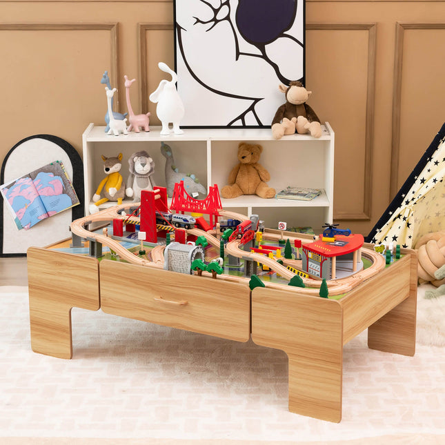 Kids Double-Sided Wooden Train Table Playset with Storage Drawer