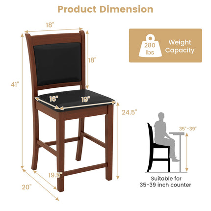 Upholstered Counter Stool Set of 2 with Solid Rubber Wood Frame-Brown