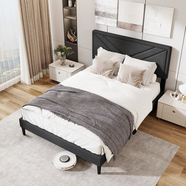 Upholstered Platform Bed with Tufted Headboard and Wooden Slats
