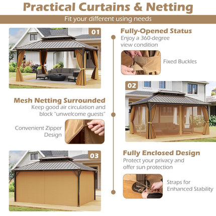 16 x 12 Feet Hardtop Gazebo Aluminum Frame Permanent Pavilion with Curtains and Netting-Coffee