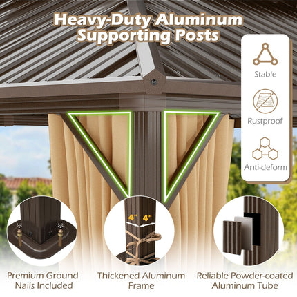 16 x 12 Feet Hardtop Gazebo Aluminum Frame Permanent Pavilion with Curtains and Netting-Coffee