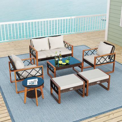 7 Pieces Patio Furniture Set PE Wicker Acacia Wood Outdoor Conversation Set