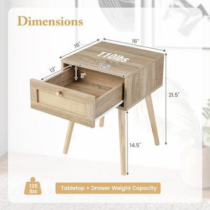 Modern 3-Piece Bedroom Furniture Set with Upholstered Queen Bed 2 Rattan Nightstands and 3-Globe Floor Lamp