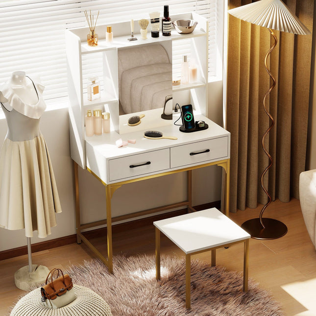 Vanity Desk with Storage Drawers and Charging Station