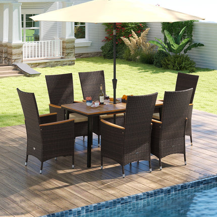 Outdoor Dining Set for 6 Patio Wicker Armchairs and Acacia Wood Table