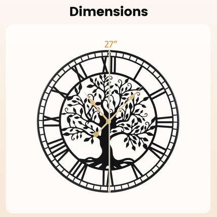 Large Wall Clock 27 Inch Tree of Life Big Metal Wall Clock-Black