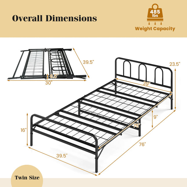 Heavy Duty Metal Twin Foldable Bed Frame with Headboard & Footboard