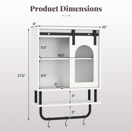 Bathroom Wall Cabinet with Sliding Barn Door and Metal Hanging Bar with 3 Hooks