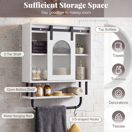 Bathroom Wall Cabinet with Sliding Barn Door and Metal Hanging Bar with 3 Hooks