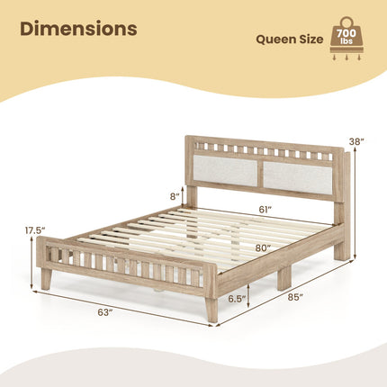 Queen Wood Bed Frame with Upholstered Headboard