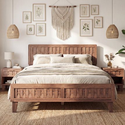 Mid Century Queen Size Bed Frame with Woven Accent Headboard