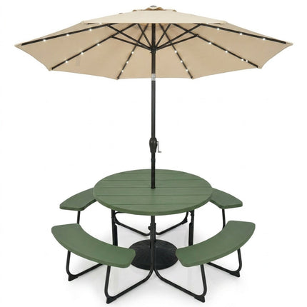 3-Piece Round Picnic Table Set with 10FT Solar LED Tilt Umbrella and Base for Patio Backyard