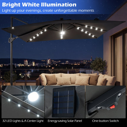 10 FT Cantilever Patio Umbrella with Solar LED Lights & Base