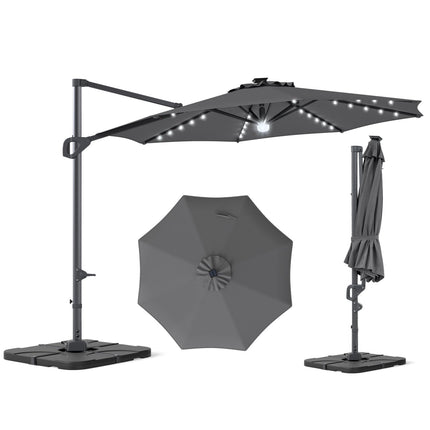10 FT Cantilever Patio Umbrella with Solar LED Lights & Base