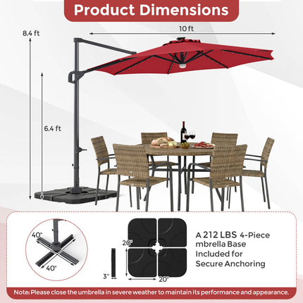 10 FT Cantilever Patio Umbrella with Solar LED Lights & Base