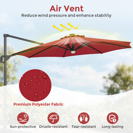 10 FT Cantilever Patio Umbrella with Solar LED Lights & Base