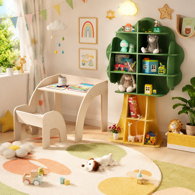 Kids Table and Chair Set with Tree Bookshelf Organizer