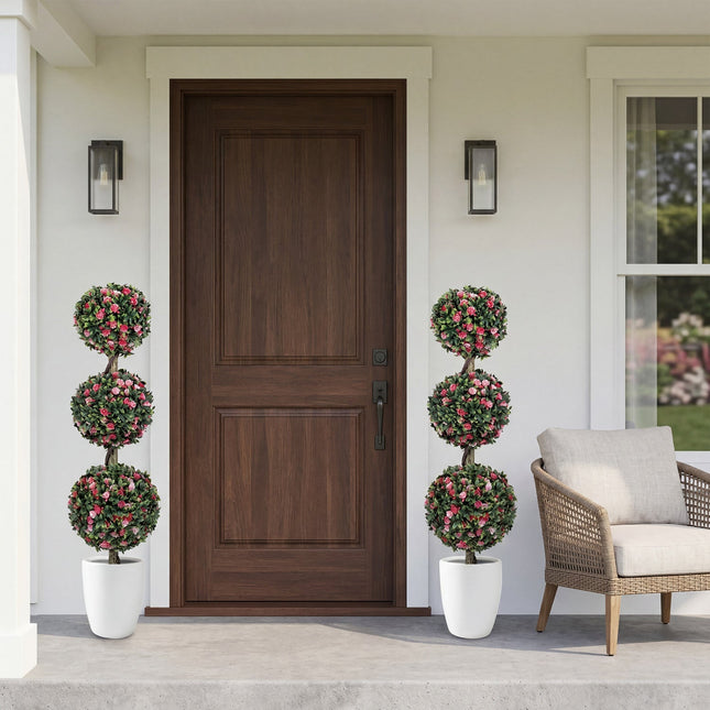 Artificial Triple Ball Rose Topiary Tree 43.5" - Set of 2