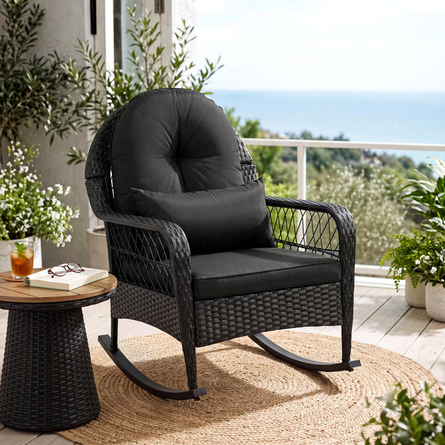 Outdoor Wicker Rocking Chair with Cushions and Anti-Tip Stoppers