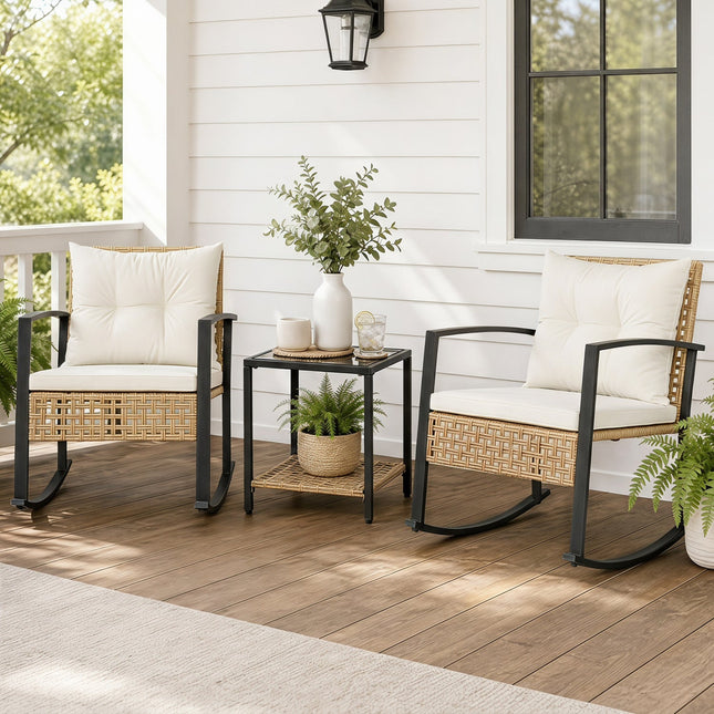 3-Piece Rattan Patio Conversation Set with Rocking Chairs