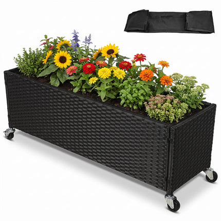 Raised Garden Bed with Wheels - PE Rattan Planter Box