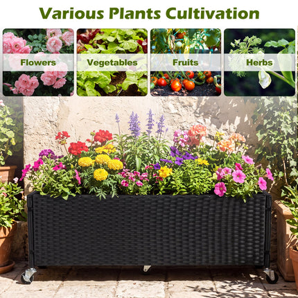 Raised Garden Bed with Wheels - PE Rattan Planter Box