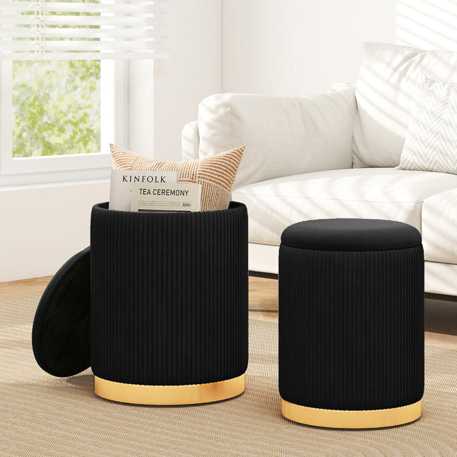 Velvet/Linen Fabric Storage Ottoman Set of 2