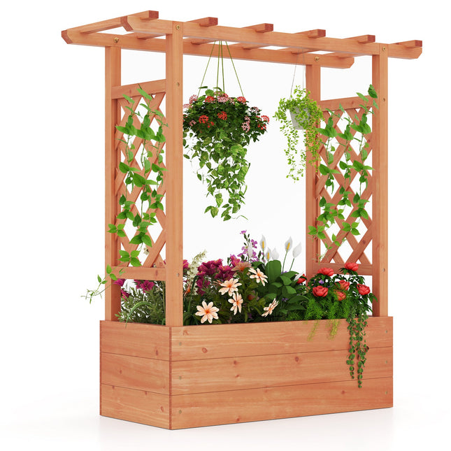 Wooden Raised Garden Bed Elevated Planter Box with Trellis and Hanging Roof